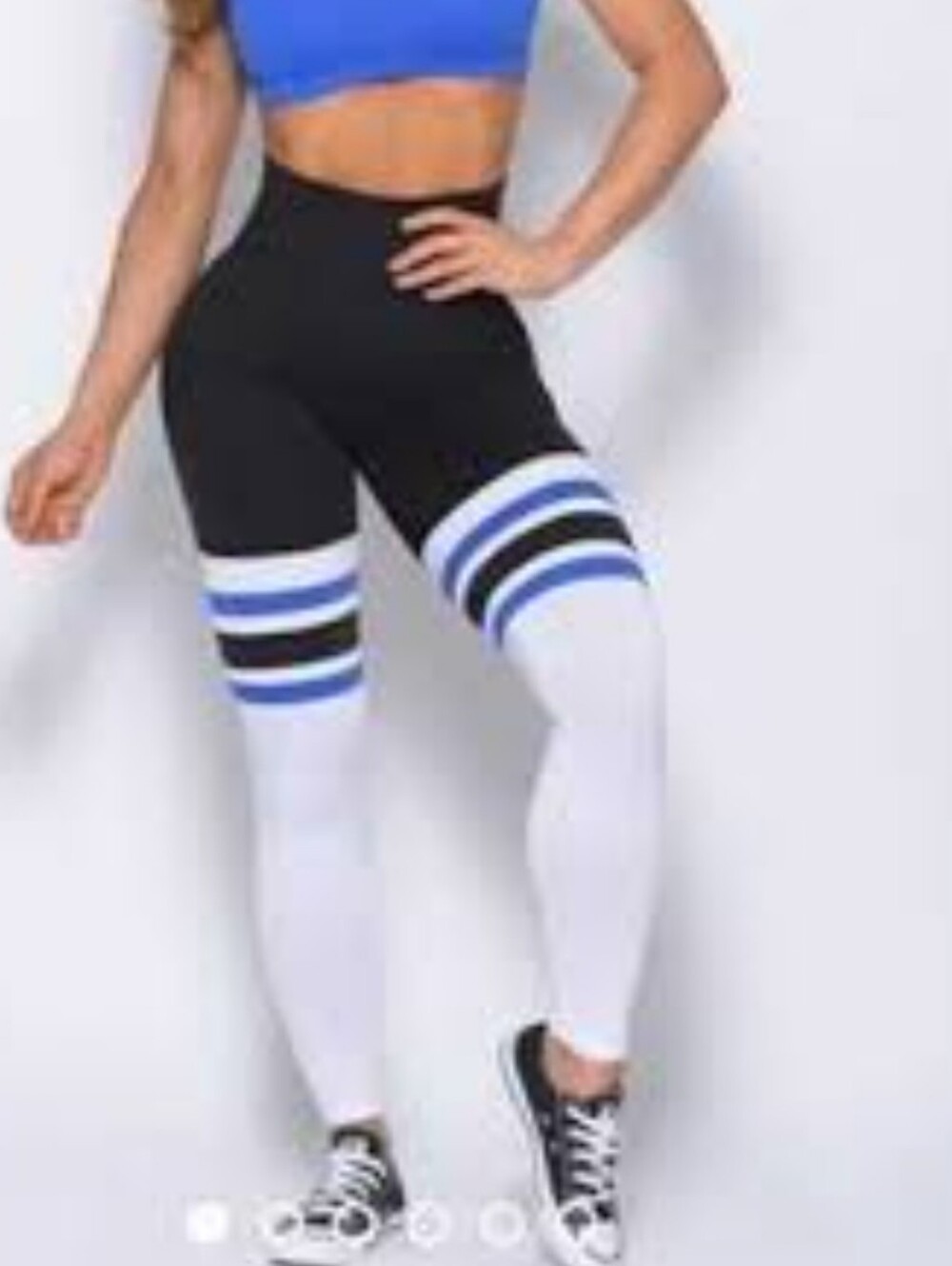Bombshell Sportswear Black White Leggings with Blue Stripes